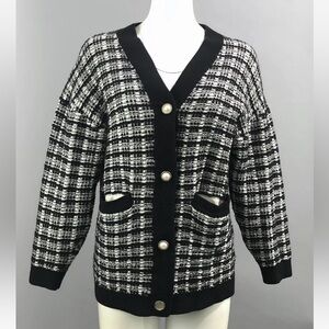 Babaton Oversized Wool Cardigan Sweater Black and White Button Front